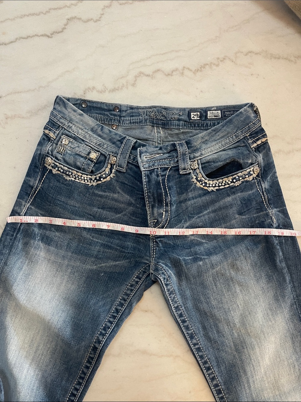 Miss Me Blue Distressed woman’s Jeans with Rhinestone Pocket Trim